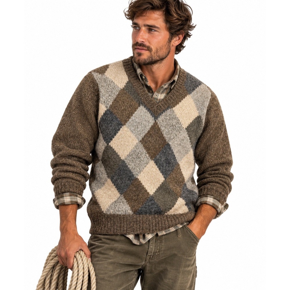 VTG Oleg Cassini Icelandic Wool Sweater Men Brown Argyle Taiwan Preppy Y2K 90s